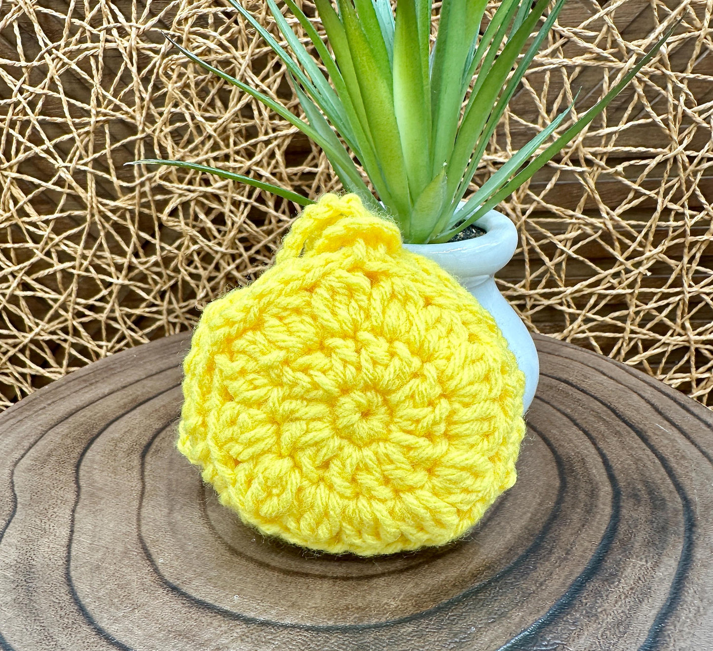 Yellow Crocheted Wireless earbud case, compatible with AirPods, measures 3.5 T 3.5 H .25 D, Pretty Round Design