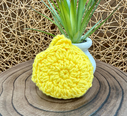 Yellow Crocheted Wireless earbud case, compatible with AirPods, measures 3.5 T 3.5 H .25 D, Pretty Round Design
