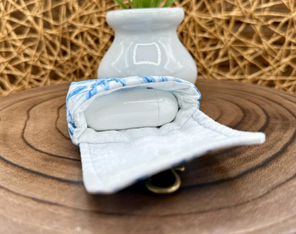 Wireless earbud case, Feminine Blue Floral Fabric with Snap Closure and Swivel Clasp for Stylish Protection and Convenience, 3X3X.75"