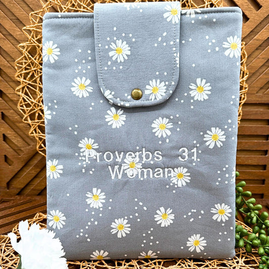 gray with white daisies iPad sleeve embroidered