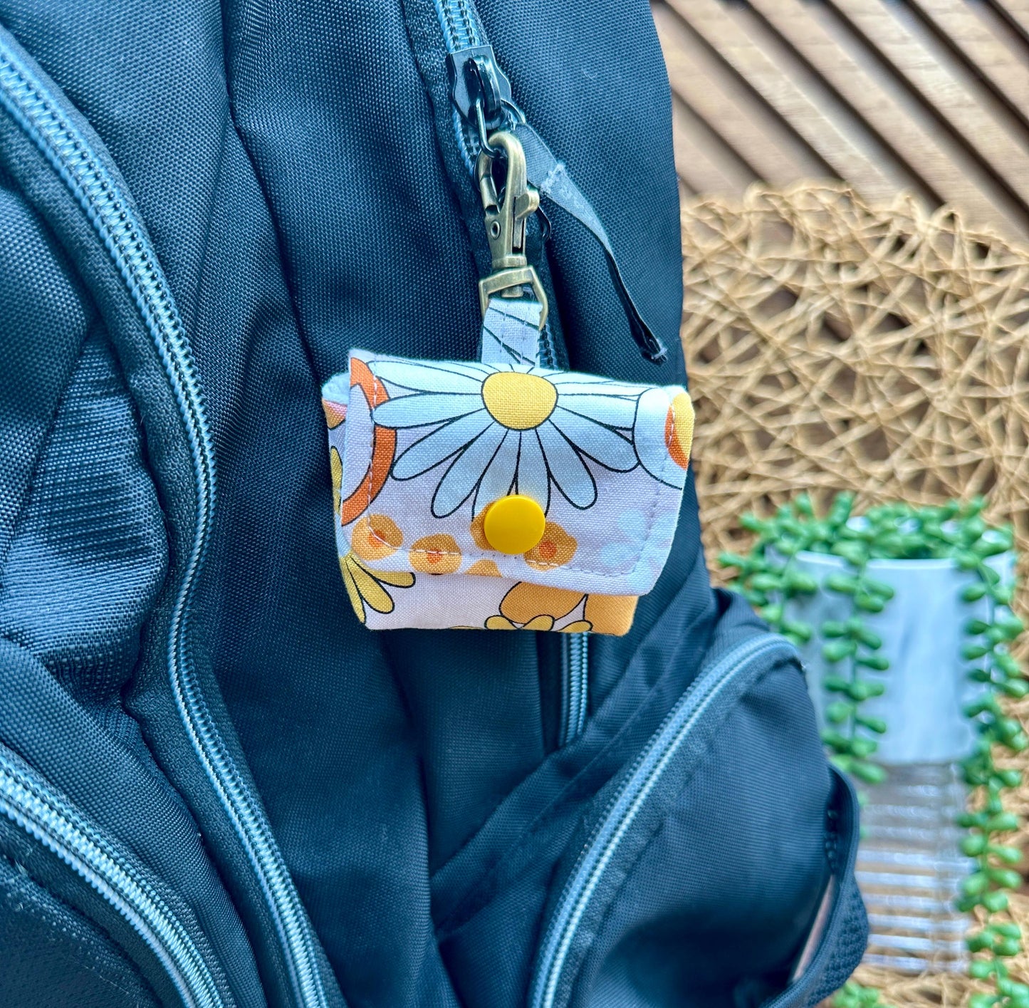 Wireless earbud case, Groovy Flower Power Fabric with snap closure and swivel clasp for Stylish protection and convenience, 3X3X.75"