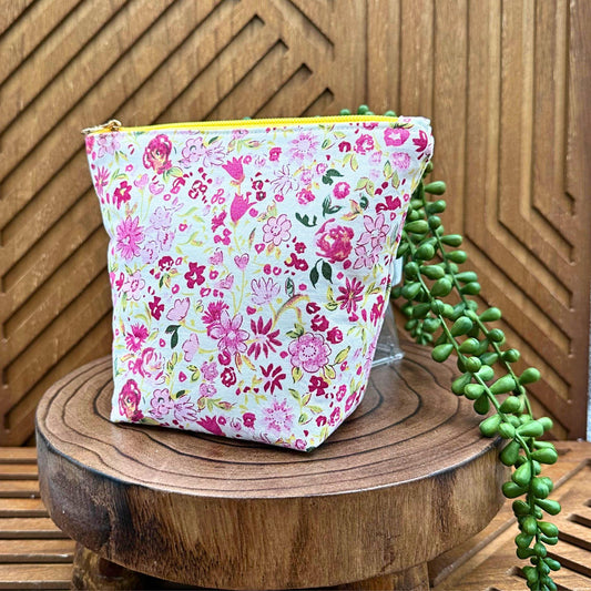 light and dark pink floral zippered make up bag