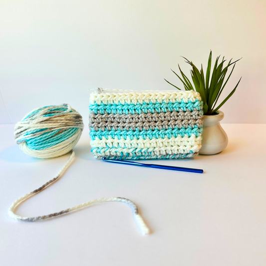 Blue Gray and White Crocheted Zip Pouch with Floral Lining