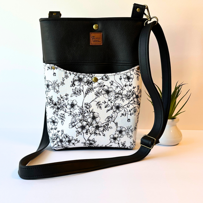 Black Floral Faux Leather Crossbody Bag with Adjustable Strap and Magnetic Snap Closure