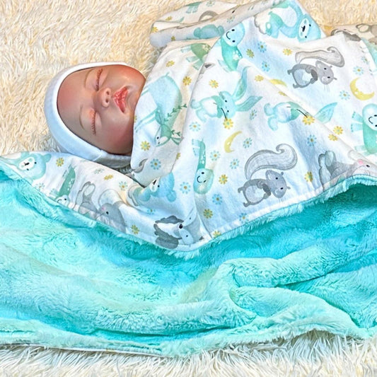 Mint Forest Animals Minky and Flannel Baby Blanket, Whimsical Forest Animals Minky Baby Wrap, Soft Minky Snuggle Blanket, Stroller Blanket