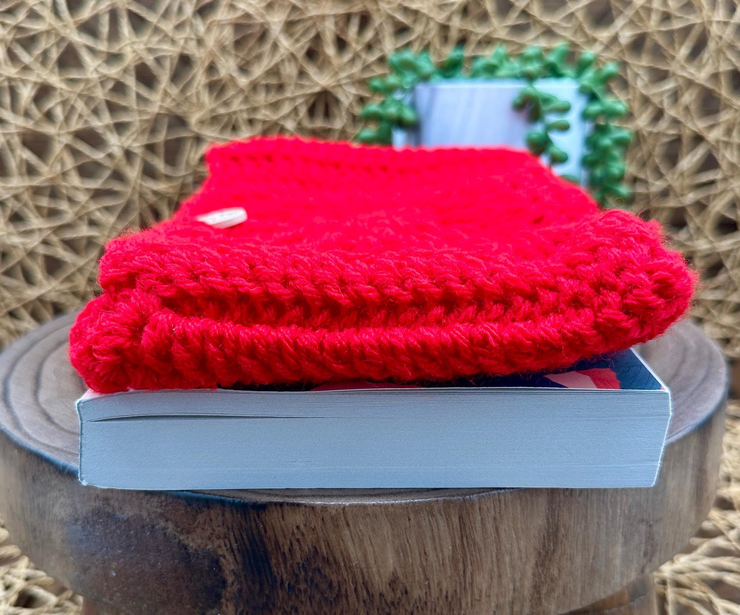 Book Sleeve Soft Crochet in Red Yarn Featuring a Classic Floral Granny Square Design  Secure Wood Button Closure, Measures about 9X6"