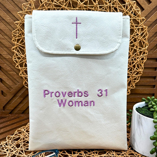 white faux leather iPad sleeve embroidered 