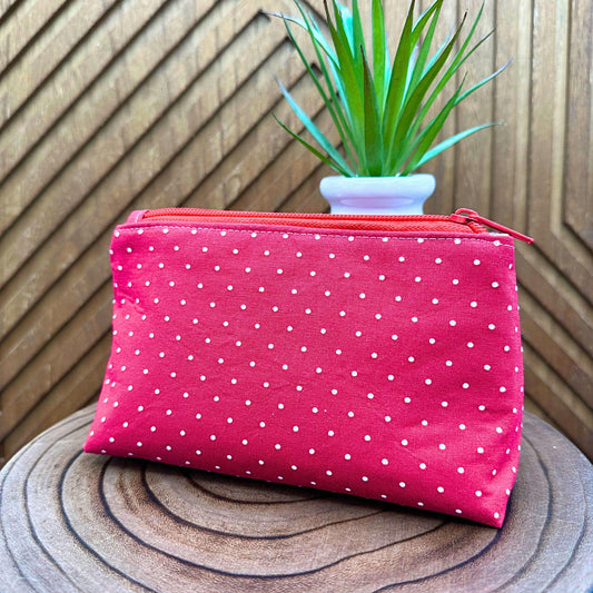 red with white polka dots zippered make up bag