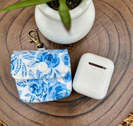 Wireless earbud case, Feminine Blue Floral Fabric with Snap Closure and Swivel Clasp for Stylish Protection and Convenience, 3X3X.75"
