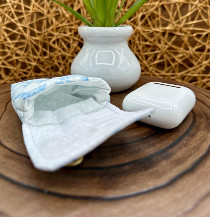 Wireless earbud case, Elegant Blue Vintage Coquette Fabric with Snap Closure and Swivel Clasp for Added Protection and Convenience, 3X3X.75"