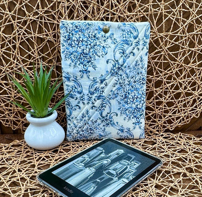 Kindle Paperwhite Sleeve - Feminine Foam Padded White and Blue Vintage Floral Print Device Cover, Add Snap and Personalization!