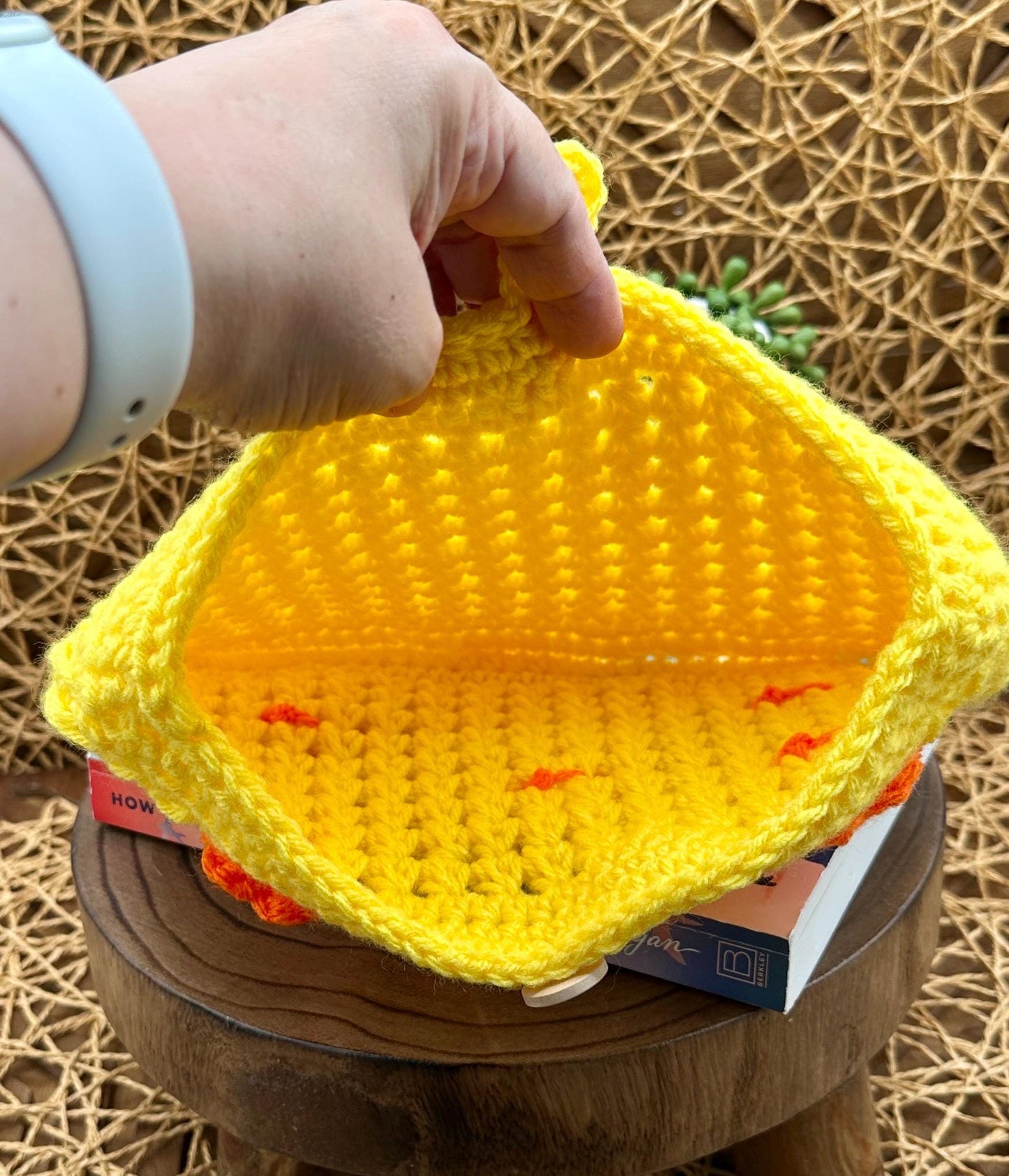 Flower Power Book Sleeve, Soft Crochet in Yellow Yarn with Orange Flowers, Secure Wood Button Closure Measures about 10 X6 "