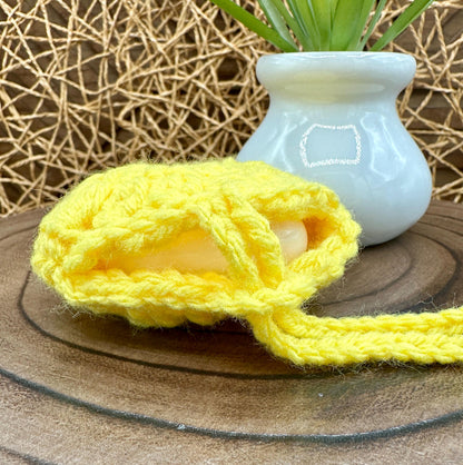 Yellow Crocheted Wireless earbud case, compatible with AirPods, measures 3.5 T 3.5 H .25 D, Pretty Round Design