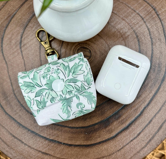 Wireless earbud case, Elegant Green Floral fabric with snap closure and swivel clasp for protection and convenience, 3X3X.75"