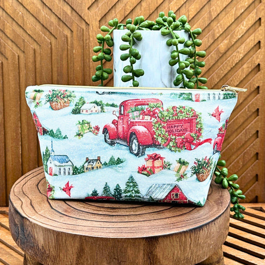 Christmas red truck zippered make up bag