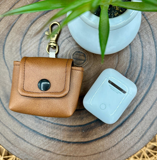 Brown Faux Leather Wireless earbud case, compatible with AirPods, snap closure swivel clasp included for easy and secure carry, 3X3X.75"