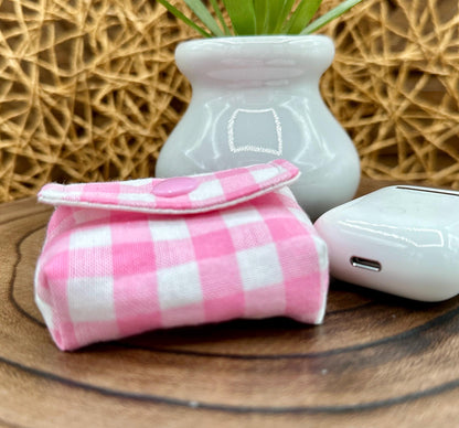 Wireless earbud case, Super Cute Pink Gingham Fabric with snap closure and swivel clasp for added protection and convenience, 3X3X.75"