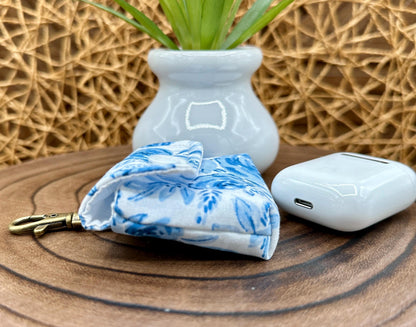 Wireless earbud case, Feminine Blue Floral Fabric with Snap Closure and Swivel Clasp for Stylish Protection and Convenience, 3X3X.75"