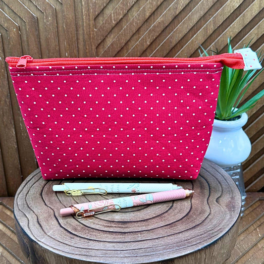 red polka dot zippered make up bag