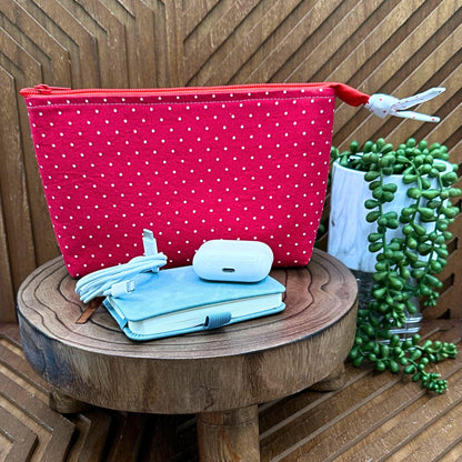 Stylish Red Polka Dot Makeup Bag: Ideal for Cosmetics, Gadgets & Daily Use!