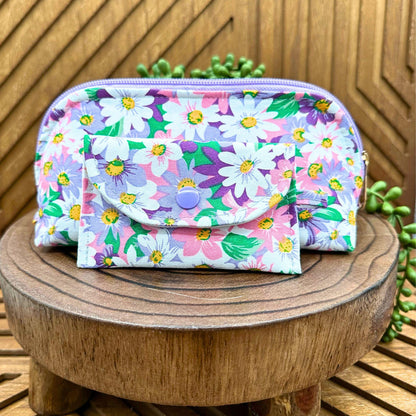 pink white and purple floral zippered make up bag and small snap pouch set