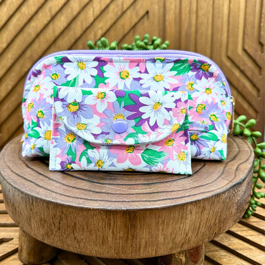 pink white and purple floral zippered make up bag and small snap pouch set
