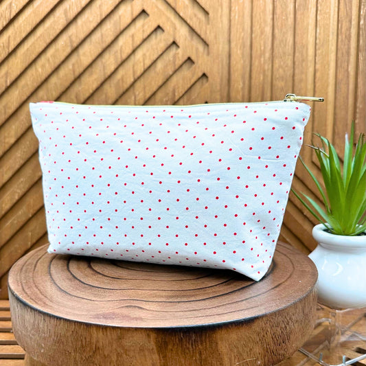 white with red polka dot zippered make up bag